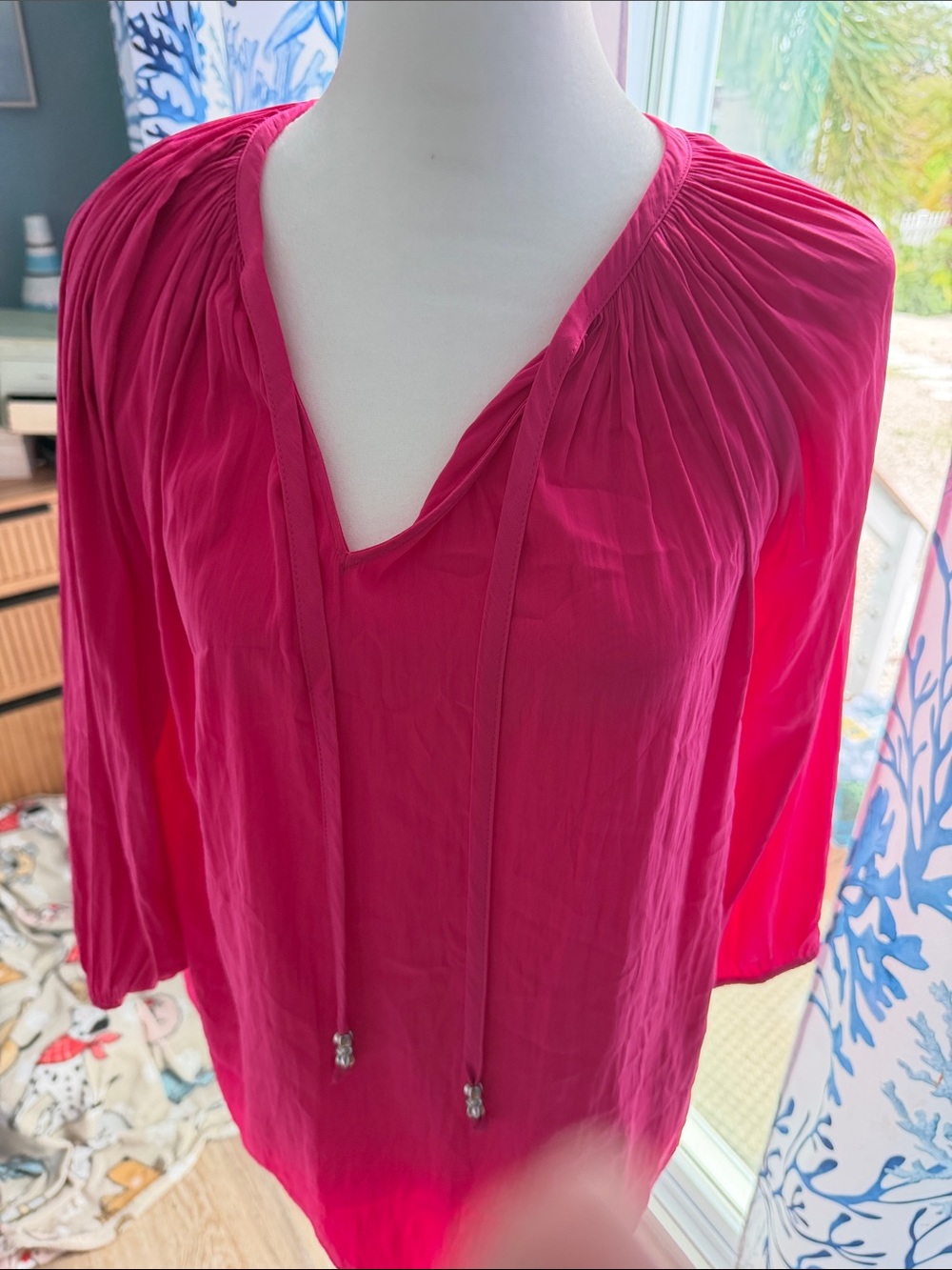 Chico's Hot Pink Tie-Neck Peasant Tunic